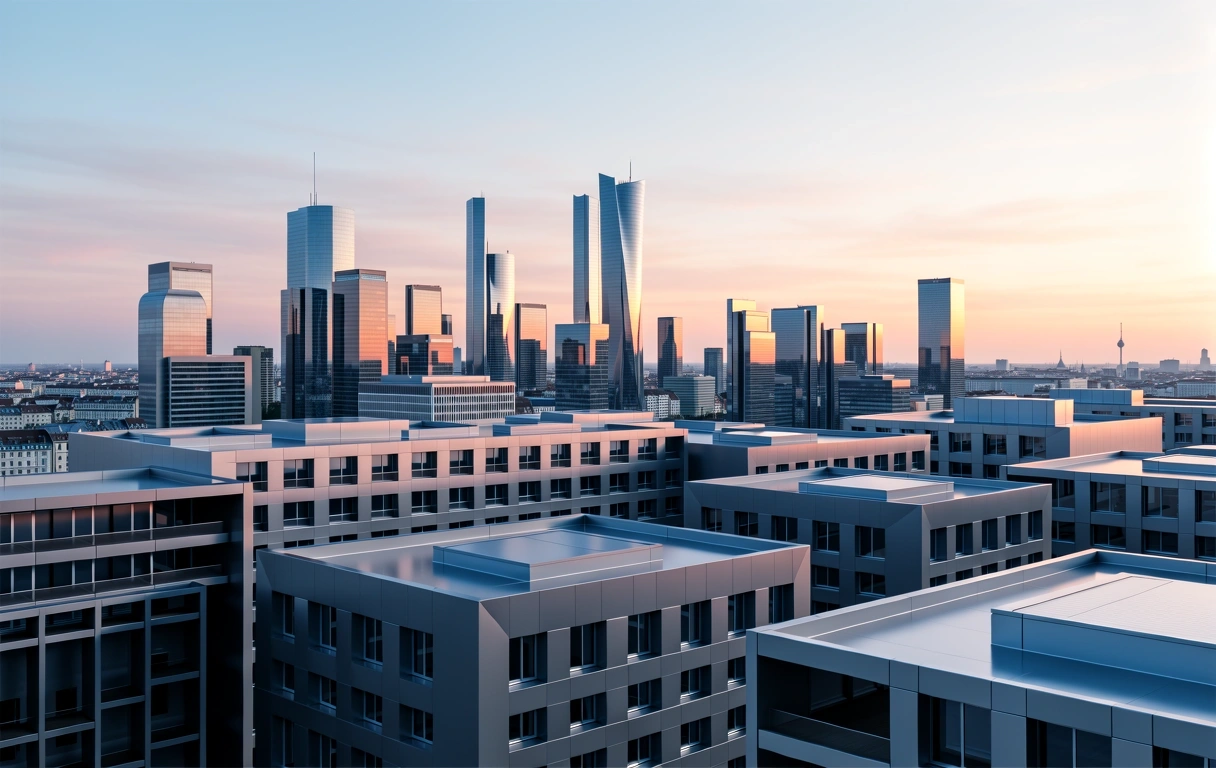 Moderner Sonnenaufgang über einer deutschen Stadt